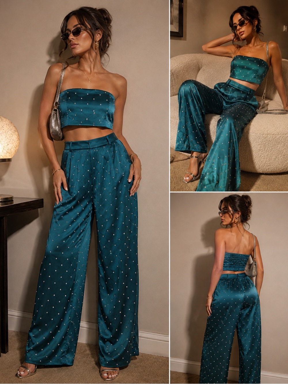 House of Harlow 1960 Teal Satin Wide-Leg Pants & Strapless Crop Top Set